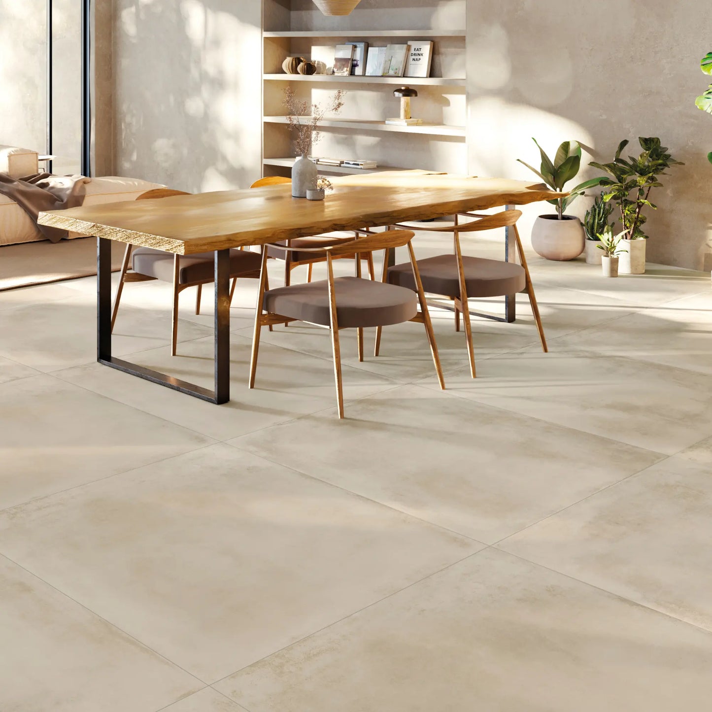 Beige concrete effect floor tiles in modern living and dining interior, Caementum Sabulum