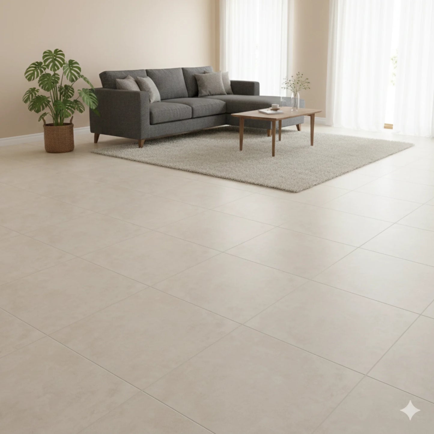 Living room interior with beige concrete-effect floor tiles, Magnum Beige series