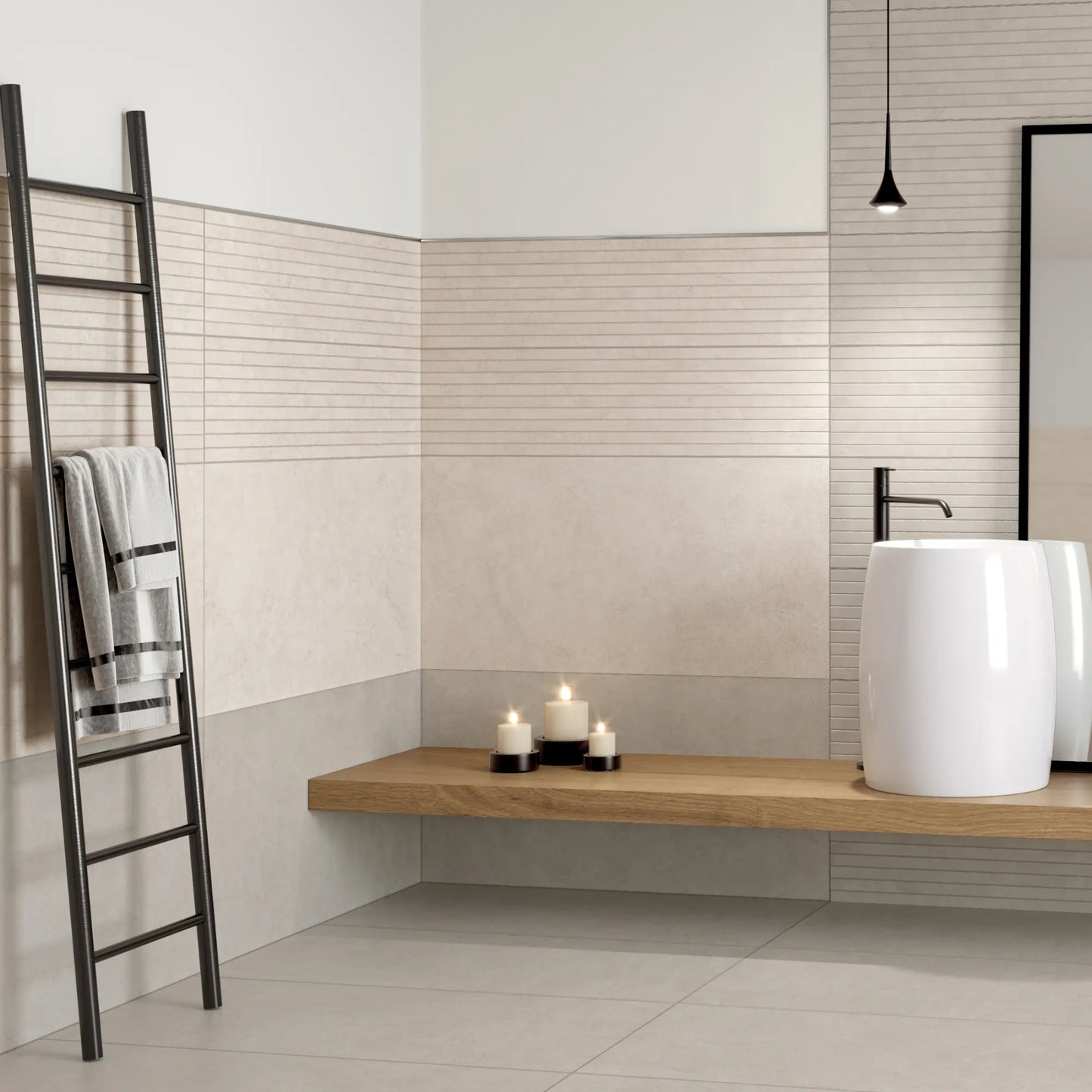 Modern bathroom with beige concrete-effect porcelain flooring. le resine beige