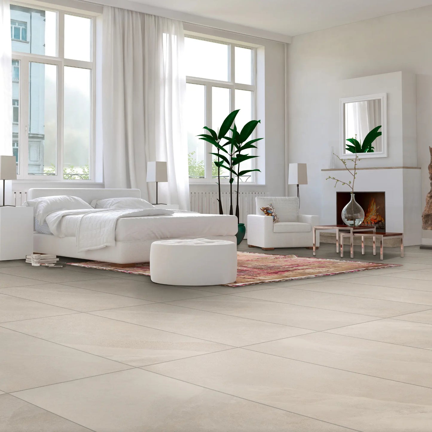 Beige stone effect porcelain tile flooring in a modern bedroom interior – Slash Almond