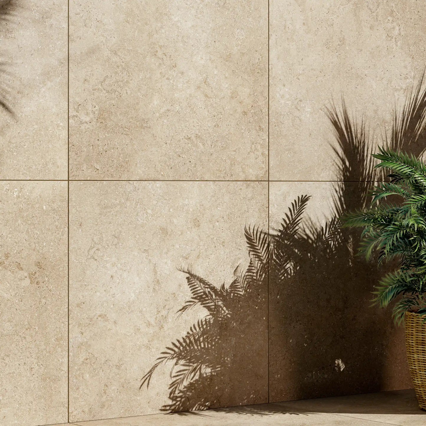 Beige stone-effect porcelain tiles installed in a modern outdoor wall setting, Colosseo Beige