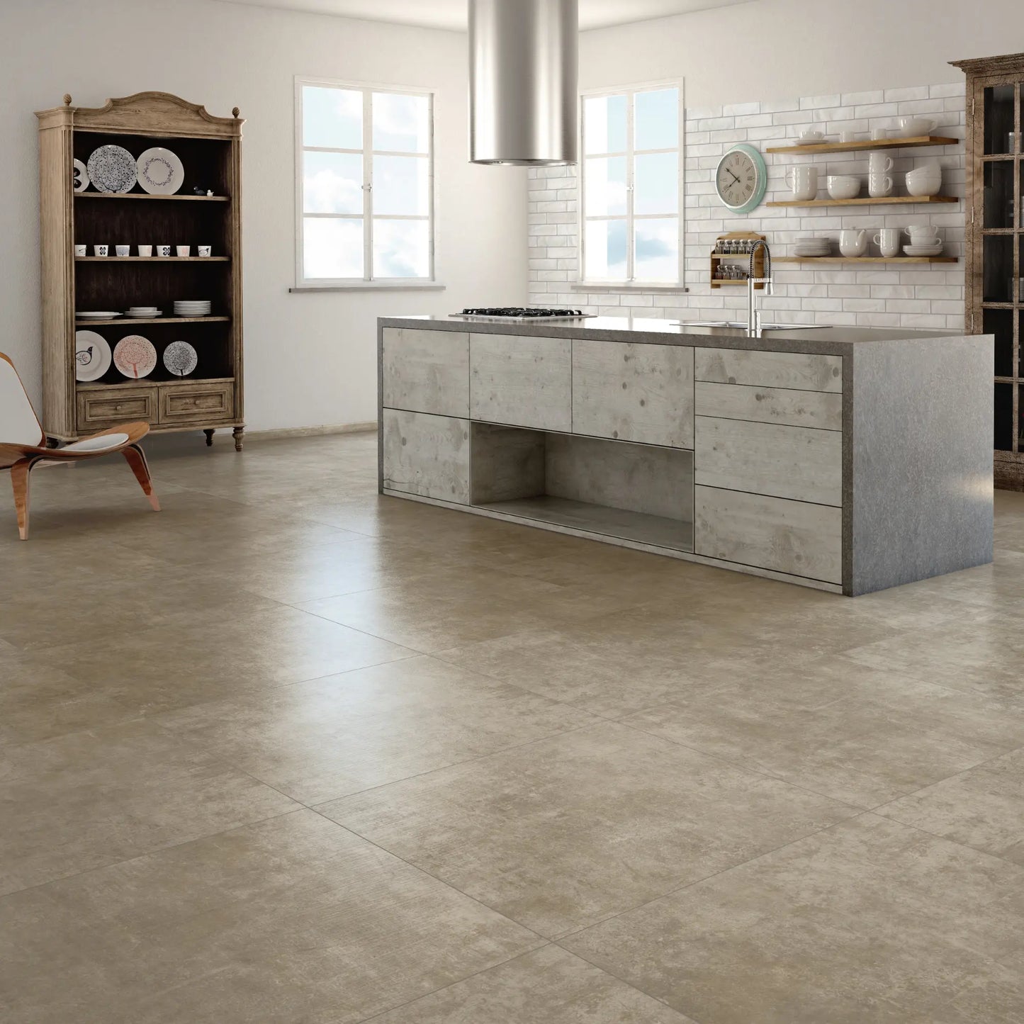 Brown concrete effect porcelain floor in modern kitchen interior, My S'Tile My Camel