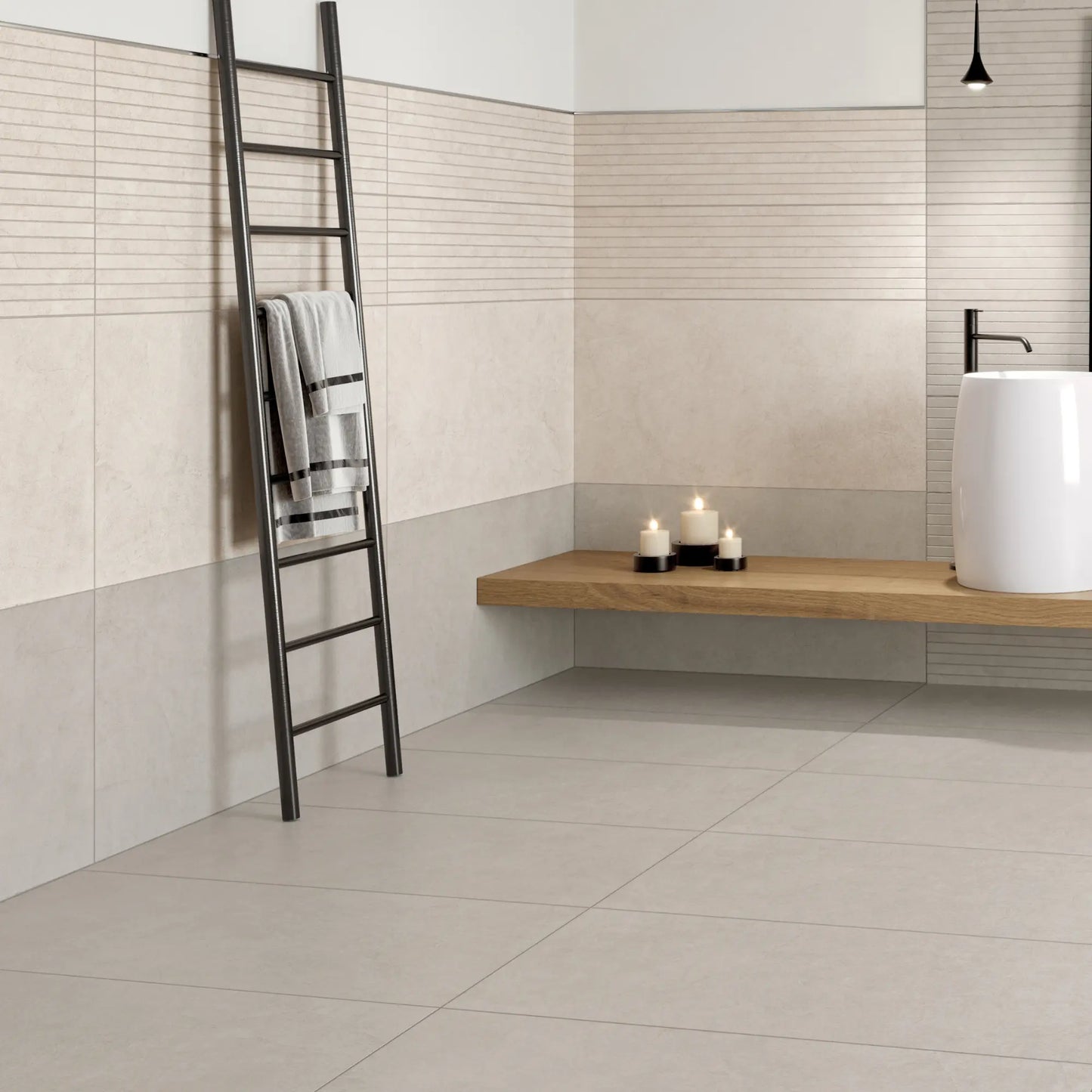 Bathroom with concrete-effect porcelain floor tiles, Le Resine Tortora