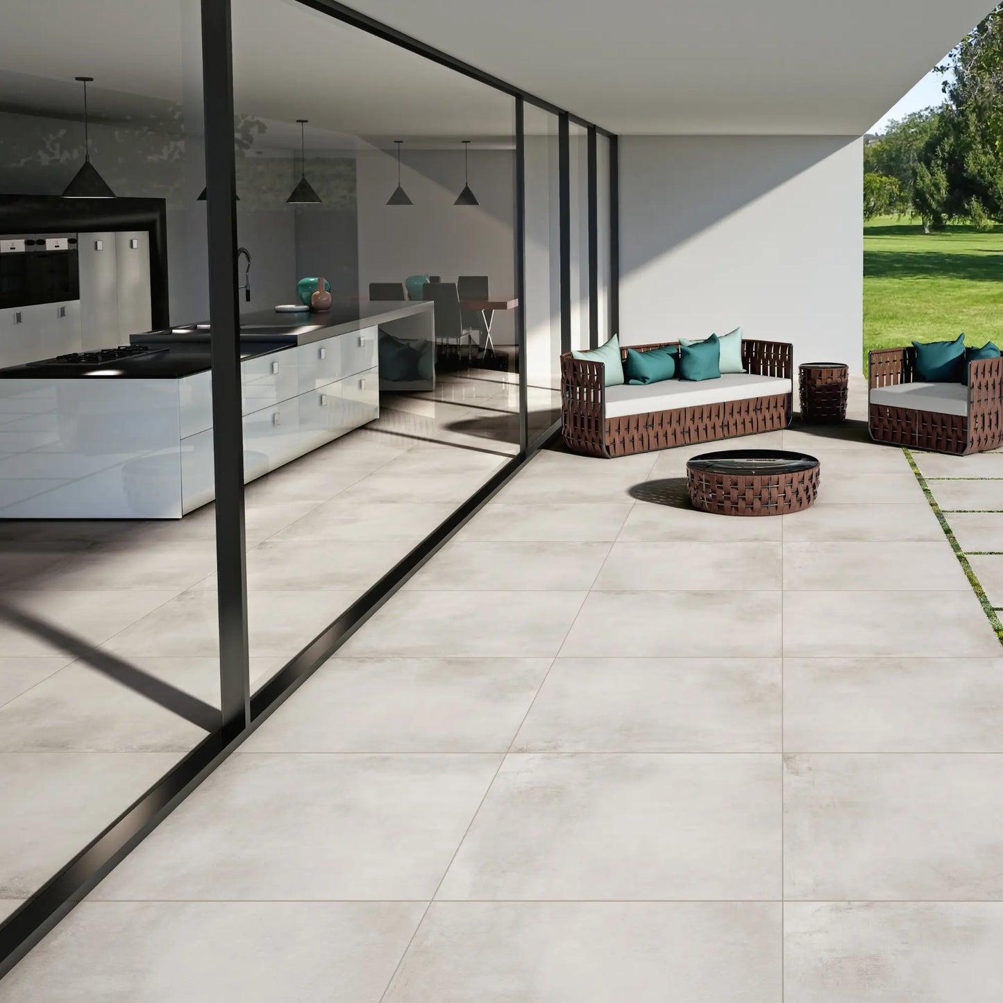 Concrete effect porcelain tiles installed in indoor and outdoor spaces, Caementum Clarus