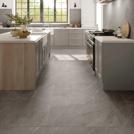 Dark grey porcelain floor tile in kitchen – Cortina Stone Fumo