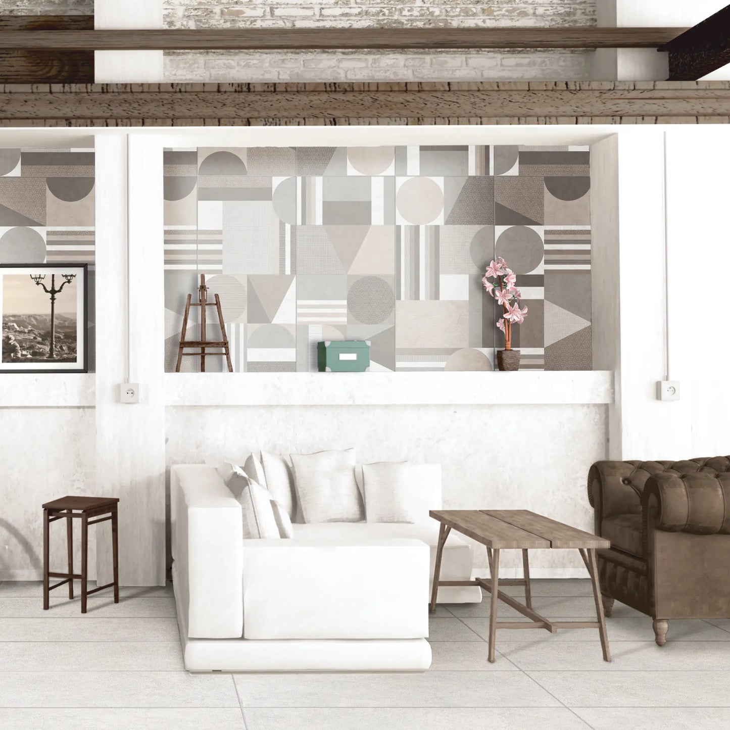 Geometric decorative porcelain tiles creating a feature wall in a living room, le resine decoro