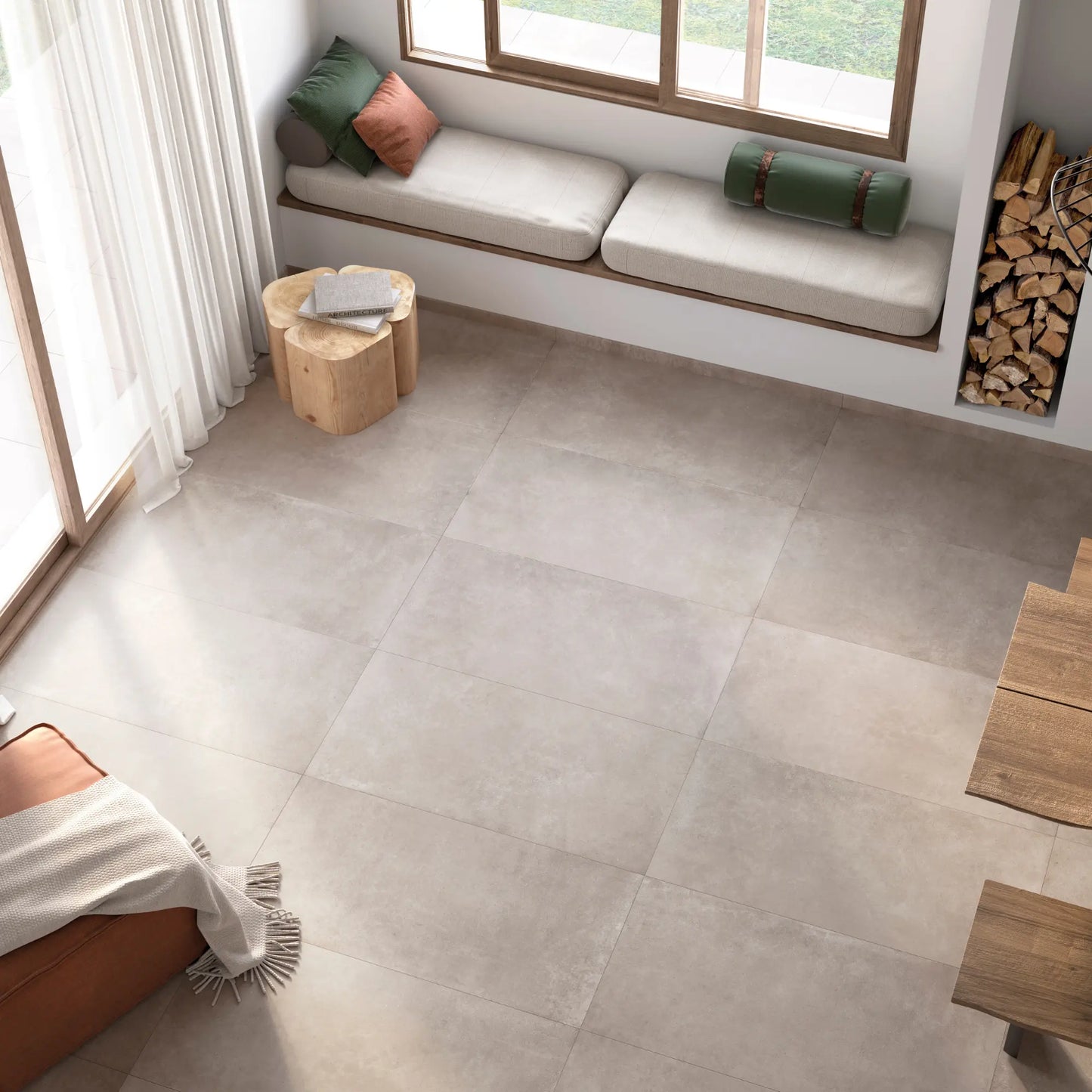 Living room with grey concrete-effect porcelain stoneware flooring – Continental Smoke.