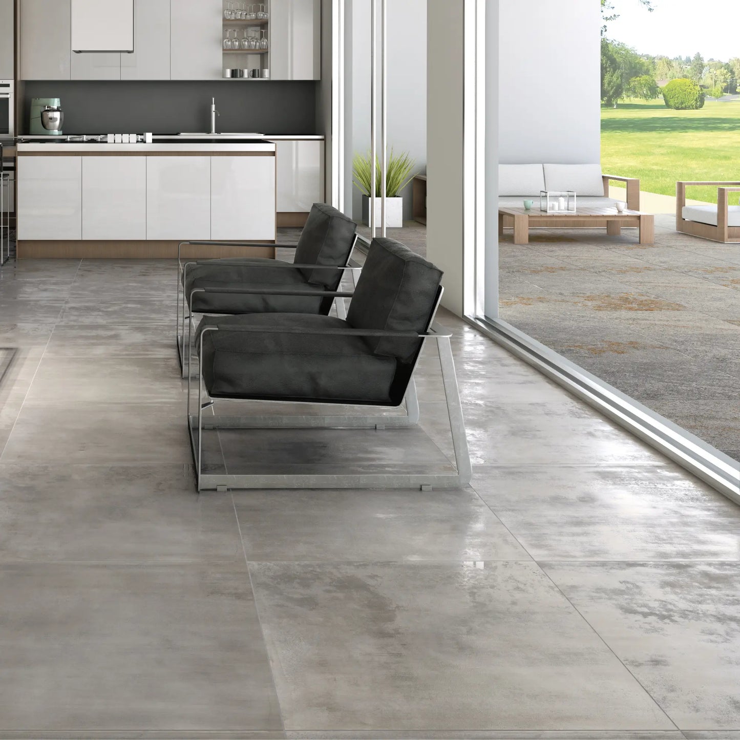Grey metal effect porcelain floor tiles with industrial finish close up, Le Leghe Platino collection