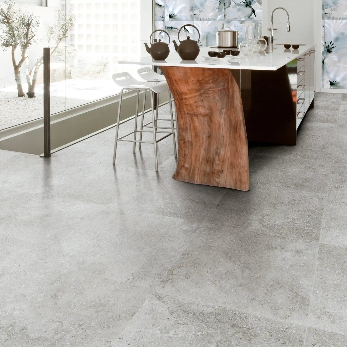 Grey stone effect porcelain floor tile in contemporary kitchen interior, Colosseo grigio