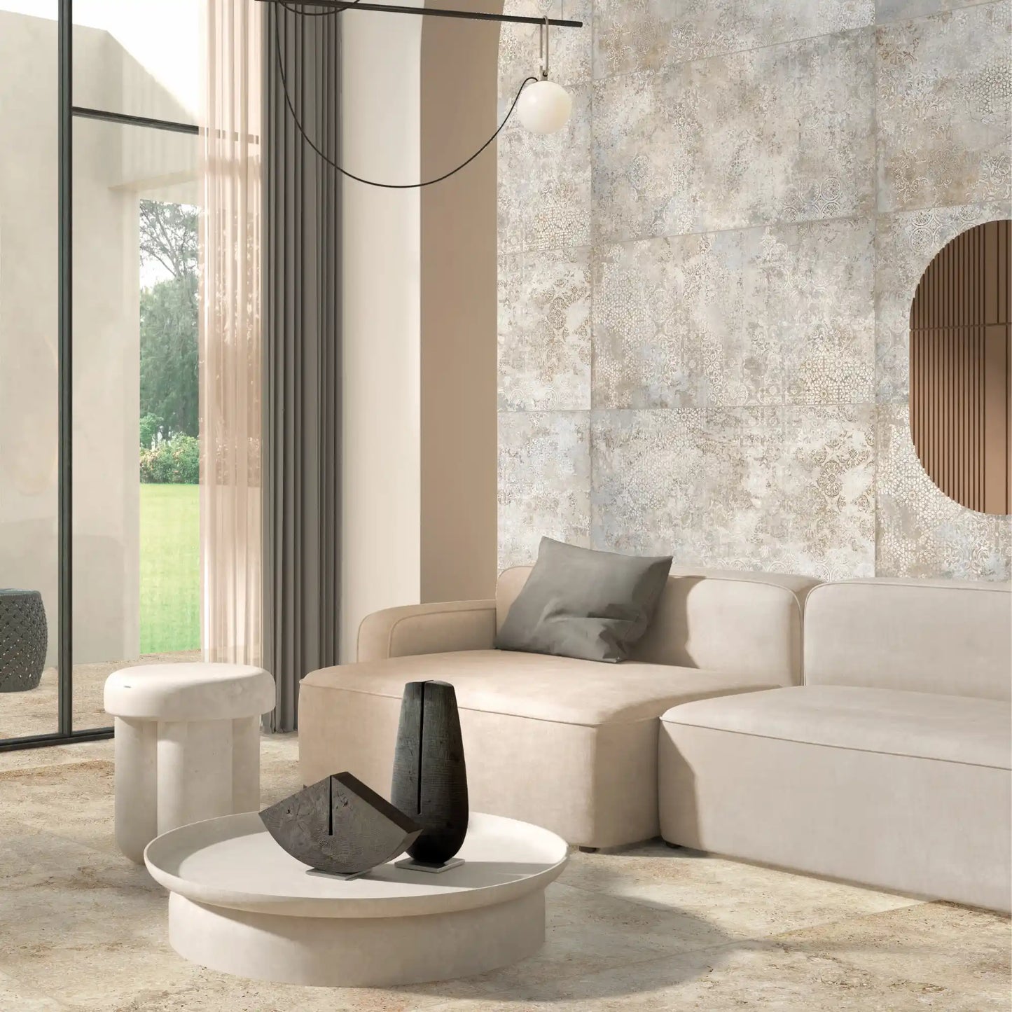 Porcelain stoneware decorative wall tile featured in a contemporary living room interior.