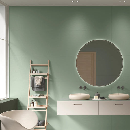 Sage green concrete effect porcelain wall tiles in modern bathroom interior, Le Resine Verde