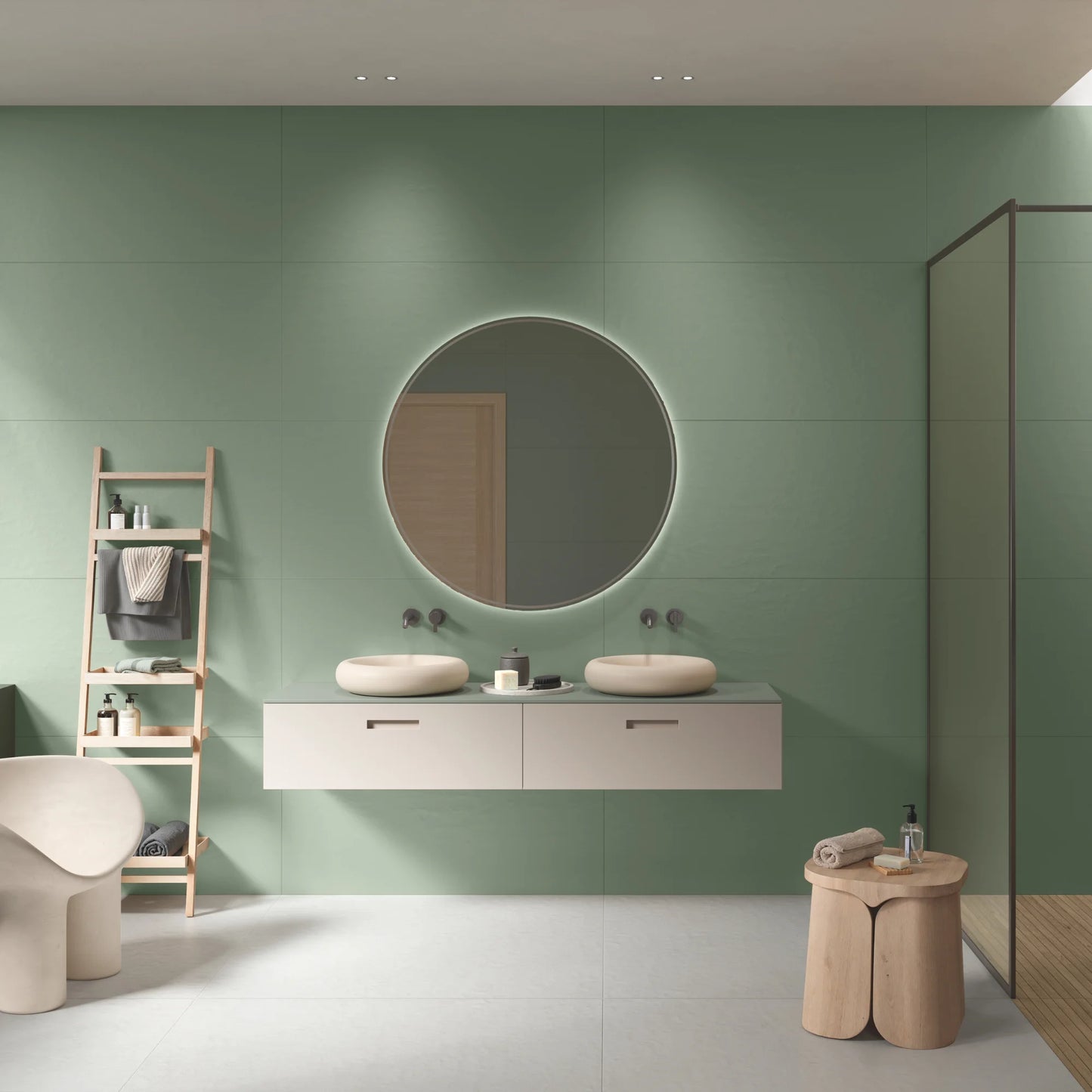 Sage green concrete effect porcelain wall tiles with minimalist bathroom design, Le Resine Verde