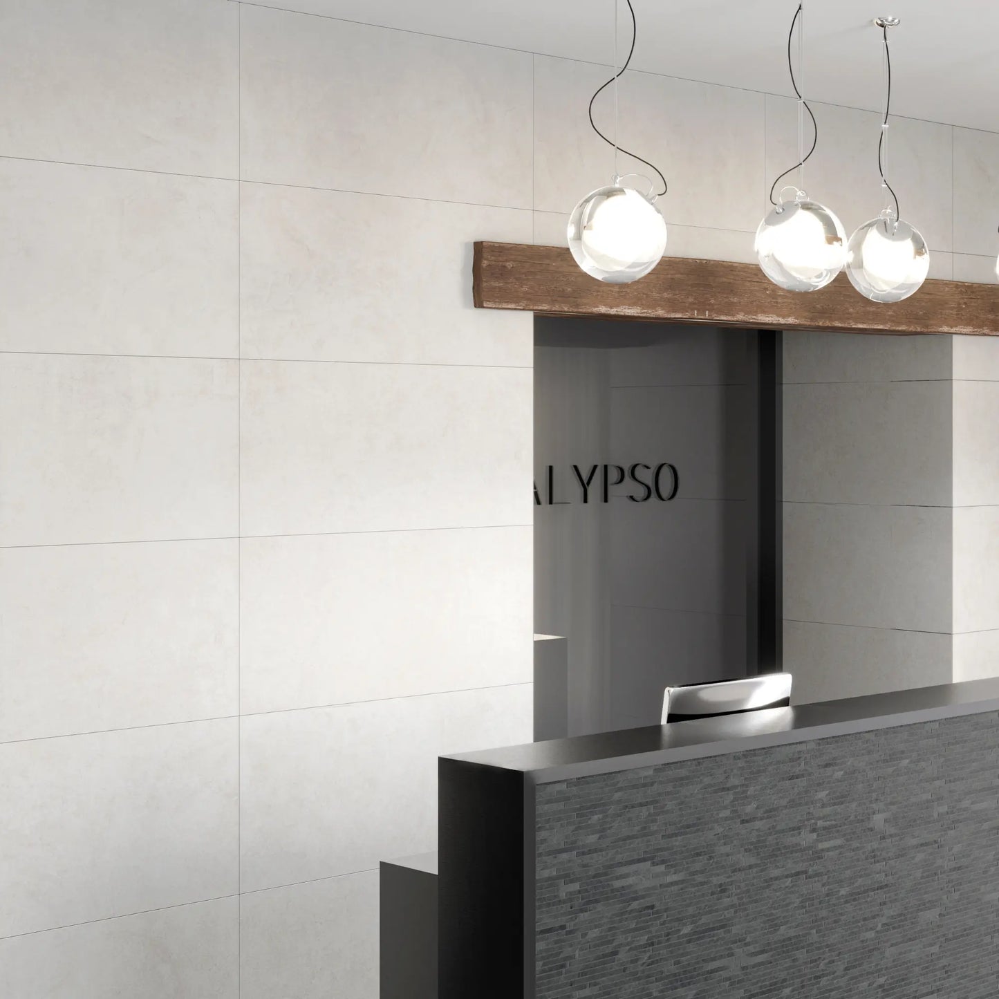 White concrete-effect porcelain wall and floor tiles in a modern commercial space, Le Resine Bianco