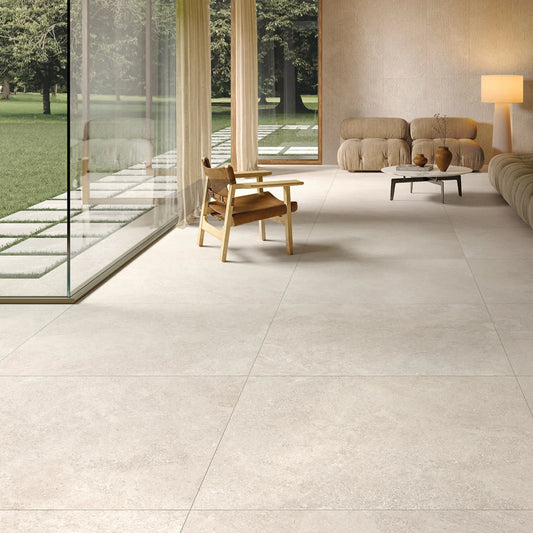 White stone effect porcelain tile used in contemporary interior design, Eterea Avorio