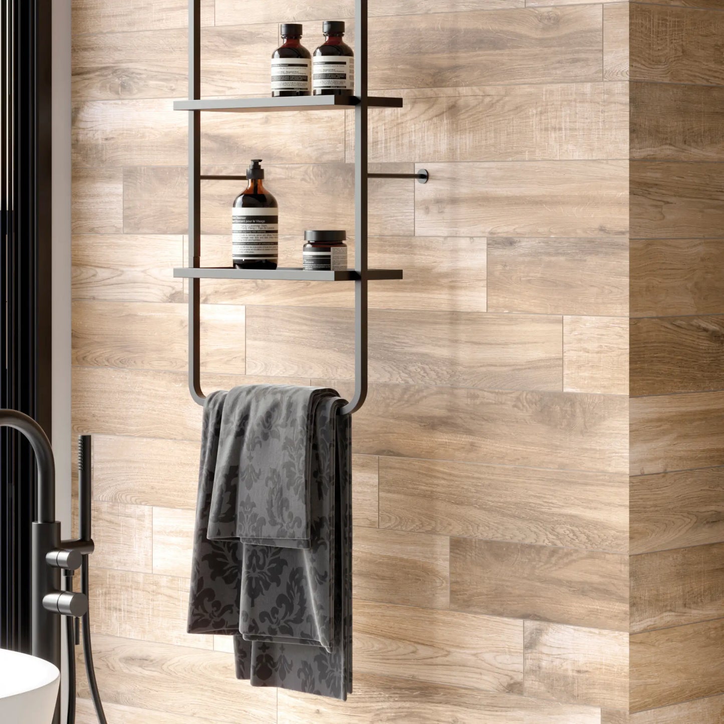 Brown oak wood-effect porcelain tiles used on a modern bathroom wall – North Wind Brown