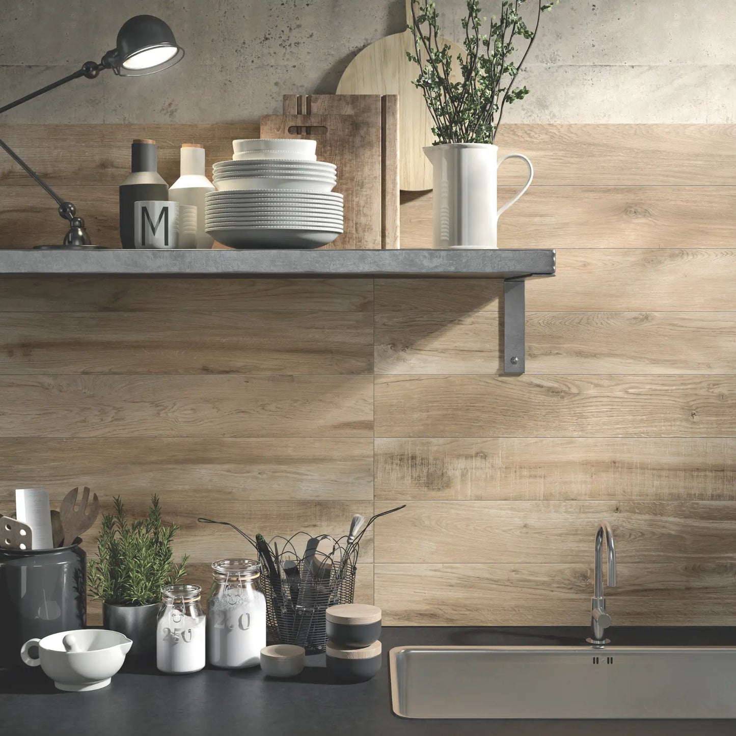 Oak wood-effect porcelain tiles used on a kitchen wall – North Wind Oak