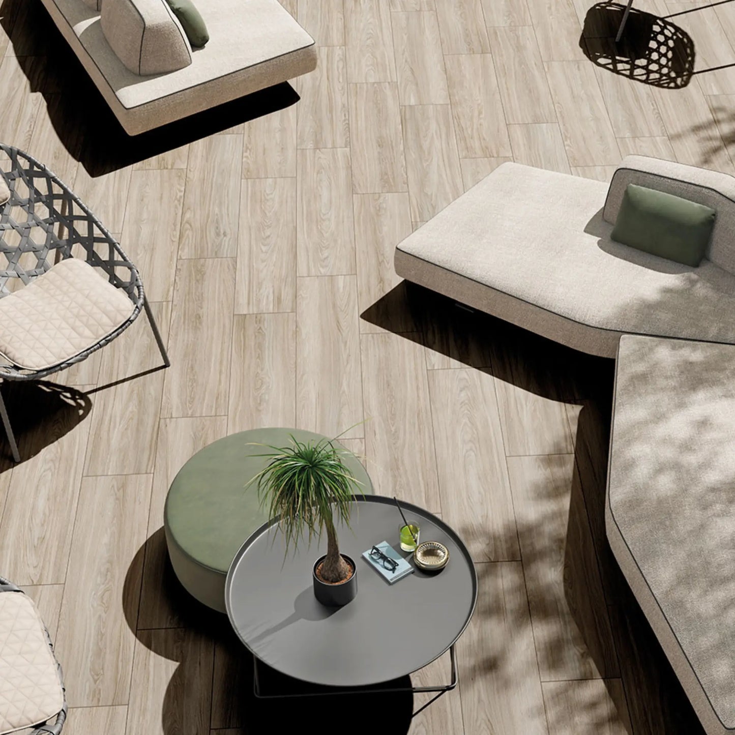 Outdoor seating area with light oak wood-effect porcelain tiles – Skyline Native