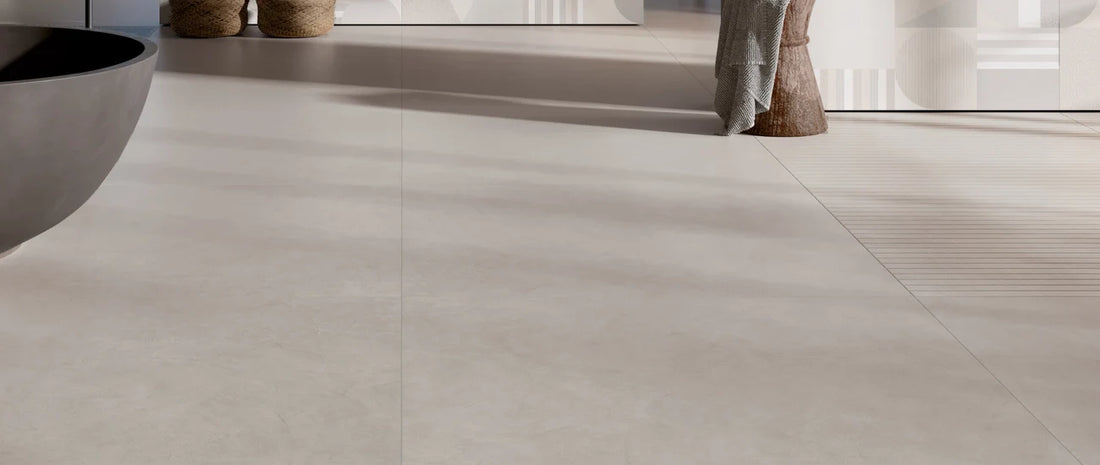 90x90 concrete effect porcelain tile floor in modern bathroom interior
