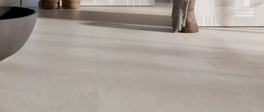 90x90 concrete effect porcelain tile floor in modern bathroom interior