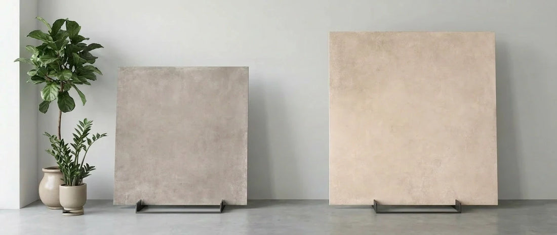 90x90 and 120x120 porcelain tiles comparison showing size difference in modern interior setting