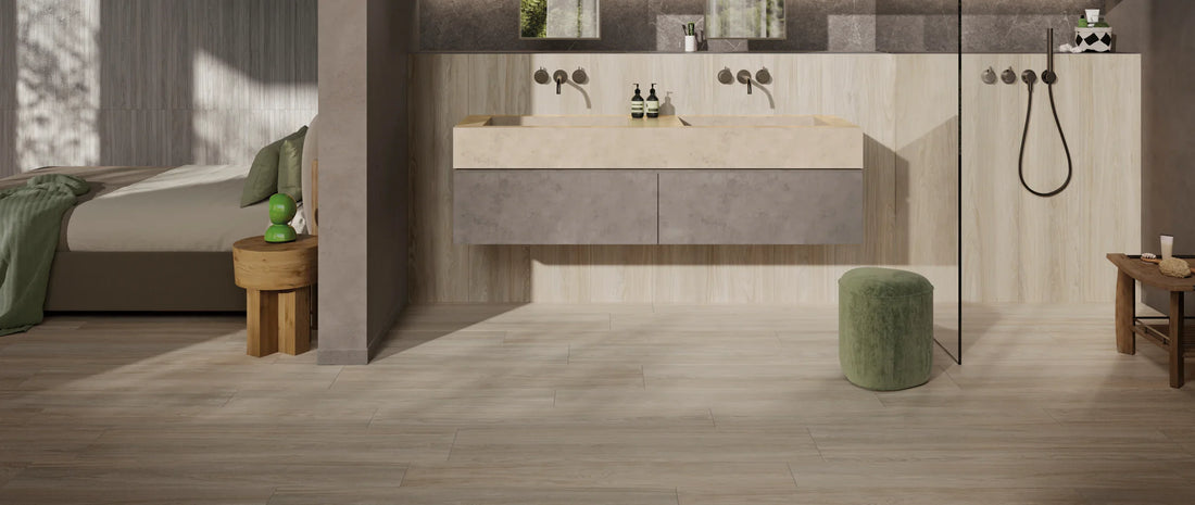 Wood-effect porcelain tiles in natural shade running continuously from bedroom to walk-in shower, showing the same flooring used throughout the house