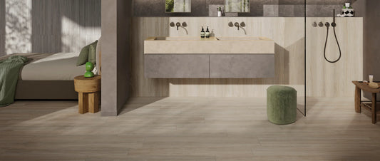 Wood-effect porcelain tiles in natural shade running continuously from bedroom to walk-in shower, showing the same flooring used throughout the house