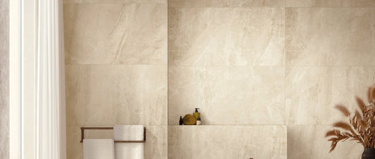 Beige marble effect matte porcelain tiles in a modern bathroom interior