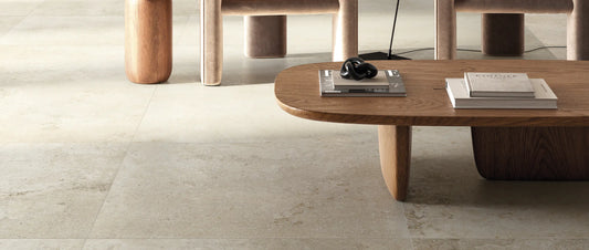 Beige stone effect porcelain tiles in a contemporary living room