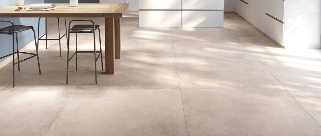 Concrete effect porcelain tiles 120x120 in modern kitchen with minimalist design