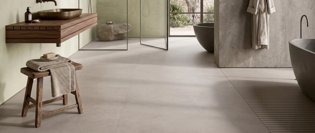 Modern bathroom with concrete-effect porcelain tile flooring in taupe 120x120