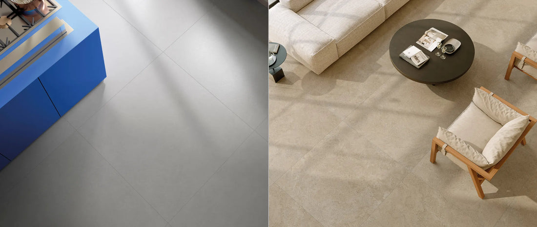 Concrete vs stone effect porcelain tiles 120x120 comparison in modern interior