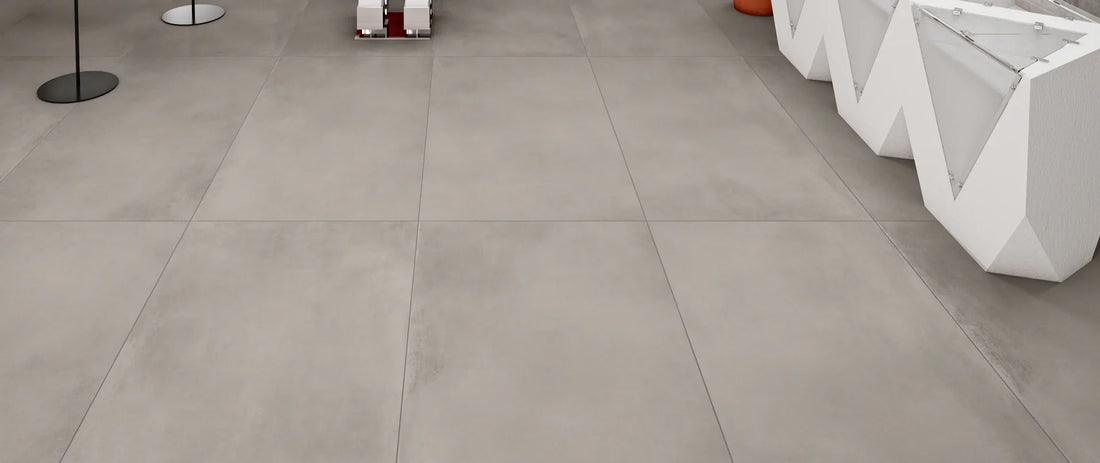 Grey concrete-effect porcelain tiles suitable for a garage floor