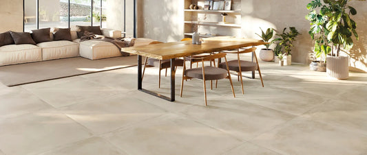 High-quality porcelain tiles in a modern living room with large-format flooring and a clean, contemporary design
