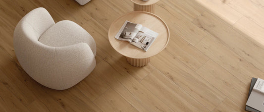 Light oak wood-effect porcelain tiles installed in a modern living room