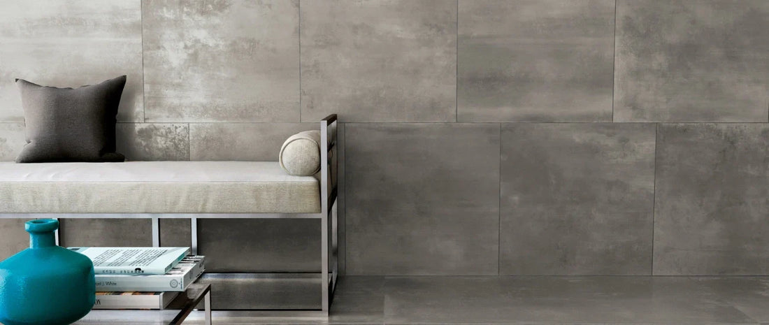 Metal effect porcelain tiles used on walls and floor in a modern industrial interior