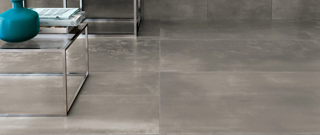 tile grout colour tone on tone on metal effect floor large format tiles