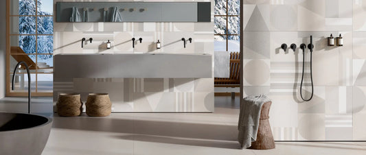 Modern bathroom with porcelain stoneware tiles in neutral tones, contemporary wall and floor design