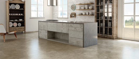Modern kitchen interior with large-format floor tiles