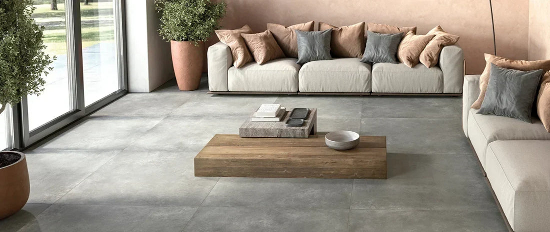 Modern living room with large-format porcelain tiles in a concrete look