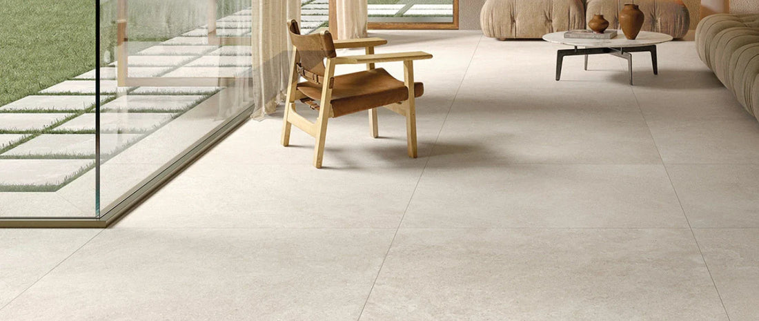Natural effect porcelain tiles with matte surface in a modern living room interior