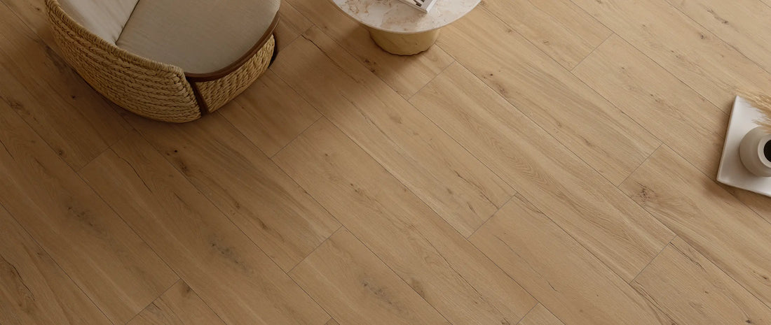 Oak wood effect porcelain tile floor in 30x120 cm plank format, laid in a contemporary living room