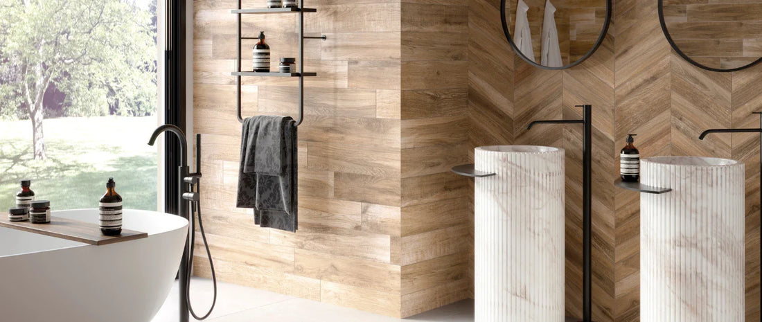 Porcelain stoneware wood-effect tiles in a modern bathroom, buying guide context