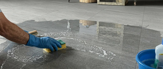 porcelain tile stains caused by residue and cleaning process on floor