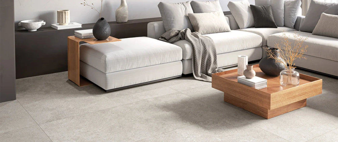 Large format porcelain tiles in a modern living room used as an example for calculating tile square metres