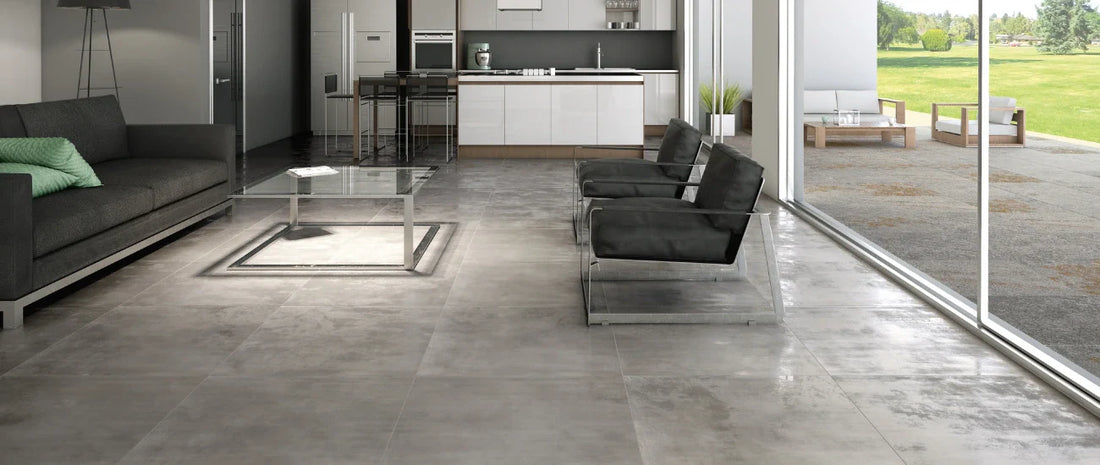 Rectified porcelain tiles with metal effect in a modern open-plan living room