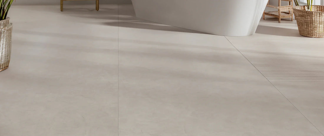 Seamless bathroom floor in concrete effect porcelain tiles, taupe shade 120x120