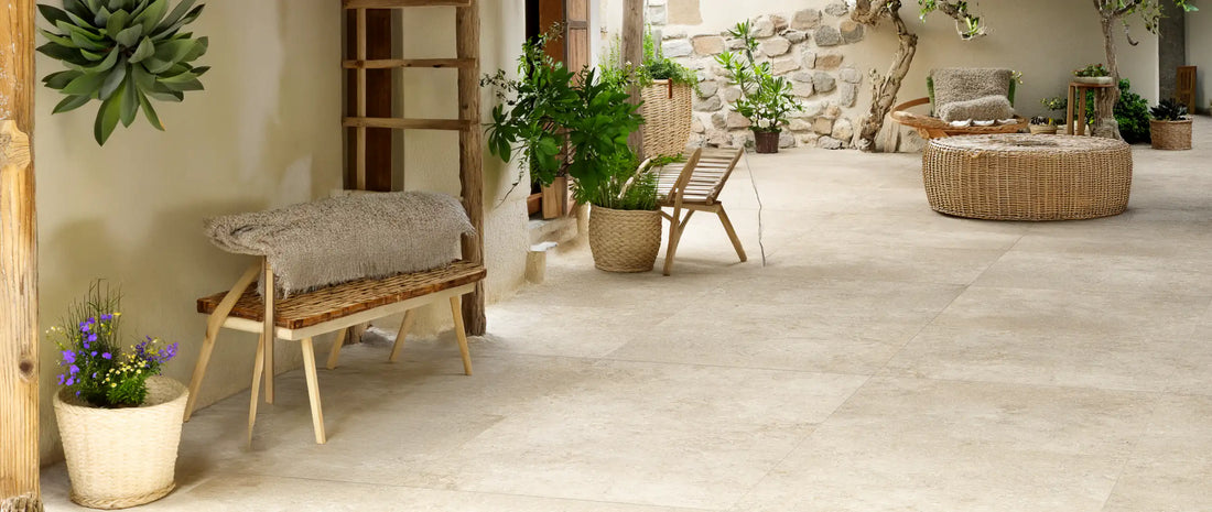 Beige stone effect porcelain tiles in 120x120 format laid in a Mediterranean courtyard