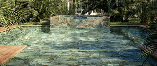 Stone effect porcelain tiles for swimming pool with green natural stone look