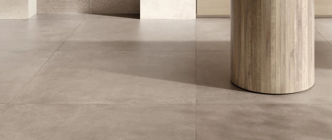 Taupe concrete effect porcelain floor tiles in 120x120 large format
