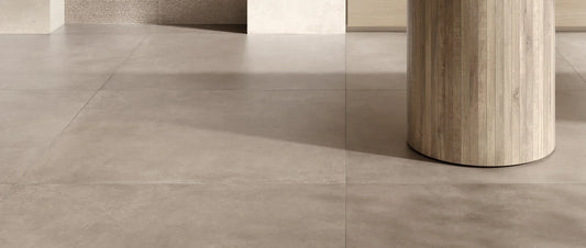 Taupe concrete effect porcelain floor tiles in 120x120 large format